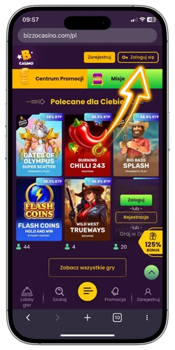 Bizzo Casino przycisk logowania w prawym górnym rogu